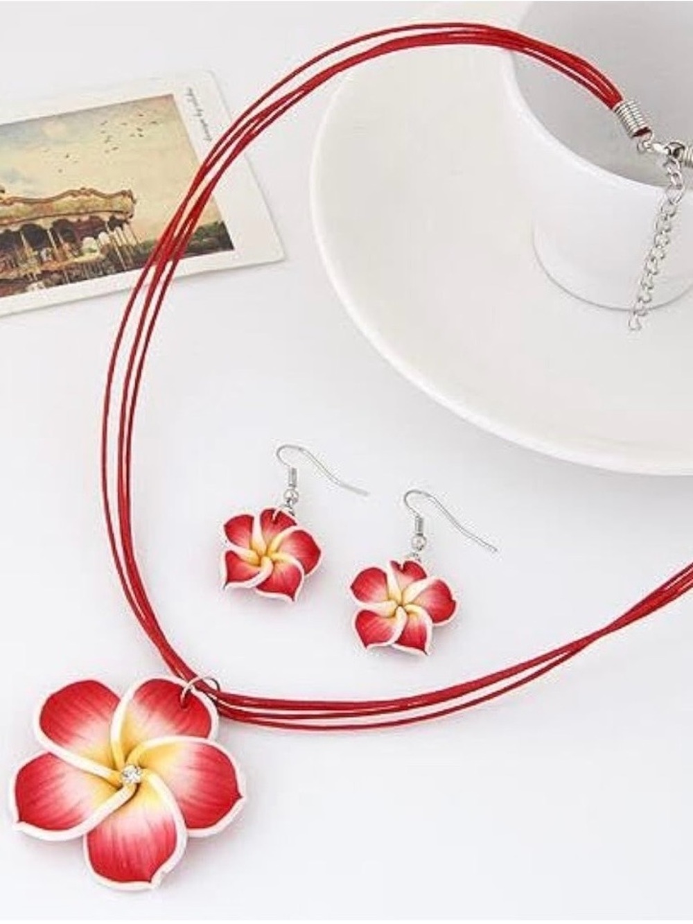 Floral Red Plumeria Pendant Necklace & Earring Set